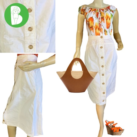VINTAGE 1990'S HARVE BENARD OFF WHITE COTTON DENIM BUTTON FRONT MIDI SKIRT (12) - Picture 1 of 14